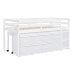 Cama alta de madera de tamaño individual con escritorio retráctil y 4 cajones