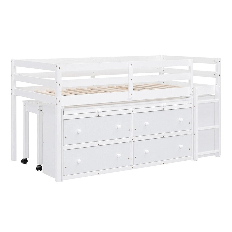Cama alta de madera de tamaño individual con escritorio retráctil y 4 cajones