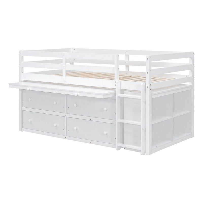 Cama alta de madera de tamaño individual con escritorio retráctil y 4 cajones