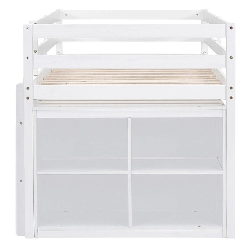 Cama alta de madera de tamaño individual con escritorio retráctil y 4 cajones