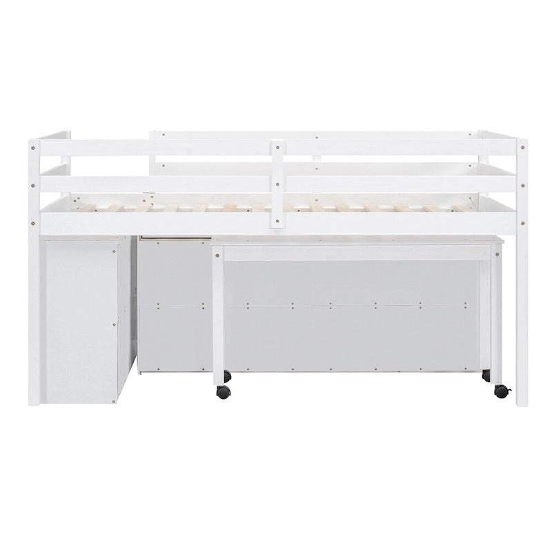 Cama alta de madera de tamaño individual con escritorio retráctil y 4 cajones