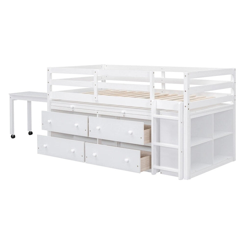 Cama alta de madera de tamaño individual con escritorio retráctil y 4 cajones