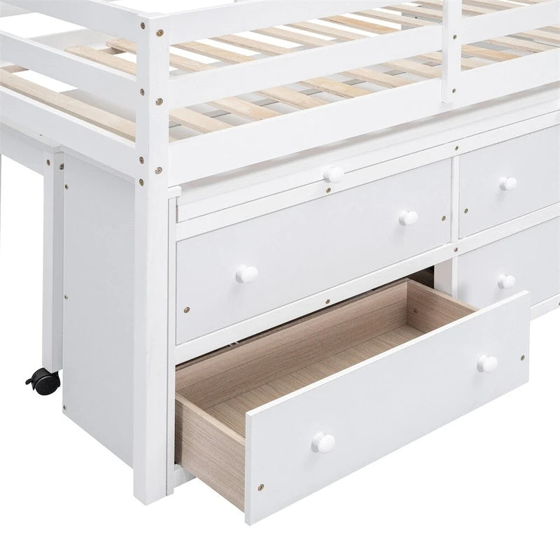 Cama alta de madera de tamaño individual con escritorio retráctil y 4 cajones
