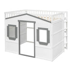 Solid Wood Full Size House Loft Bed with Ladder and Underbed Gaming Space
