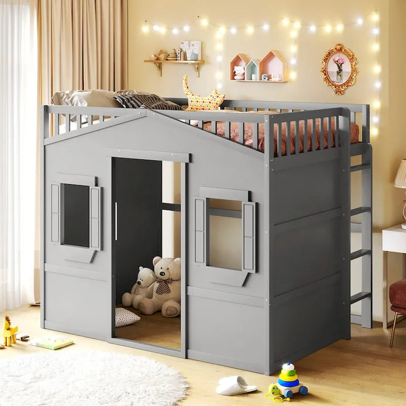 Cama alta tipo casa de madera maciza, tamaño completo, con escalera y espacio de juego debajo de la cama