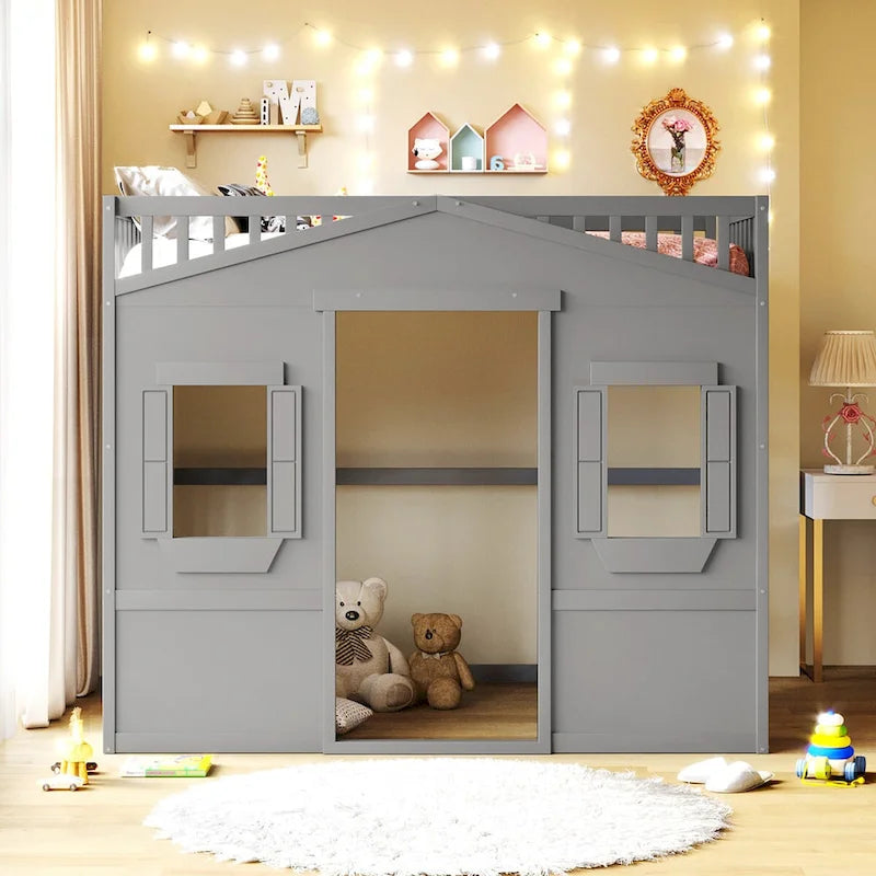Cama alta tipo casa de madera maciza, tamaño completo, con escalera y espacio de juego debajo de la cama