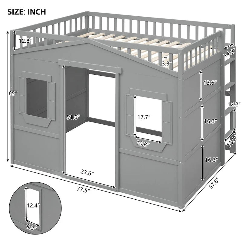Cama alta tipo casa de madera maciza, tamaño completo, con escalera y espacio de juego debajo de la cama