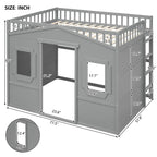 Cama alta tipo casa de madera maciza, tamaño completo, con escalera y espacio de juego debajo de la cama