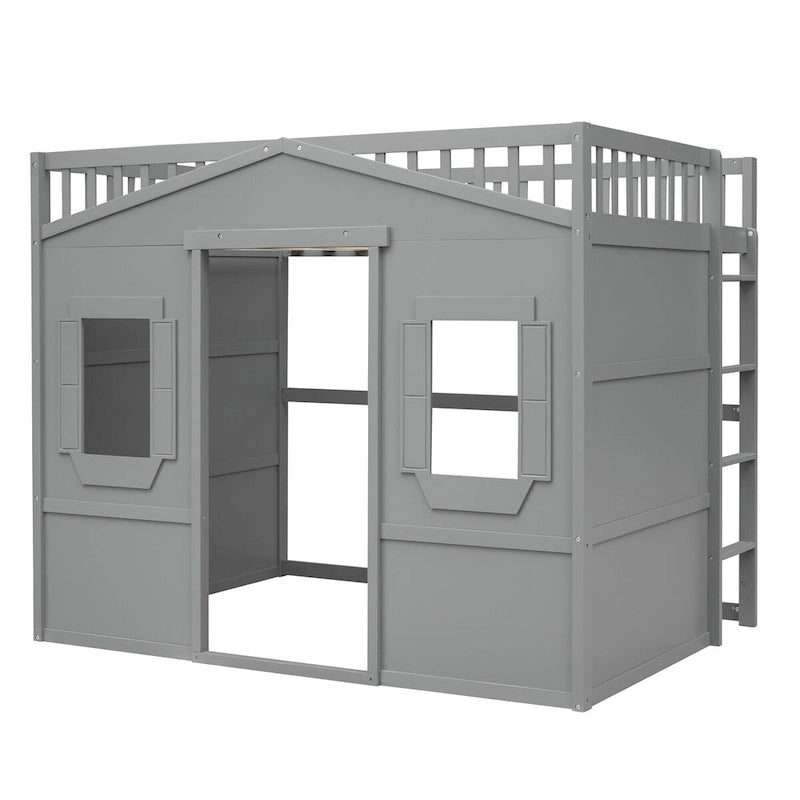 Cama alta tipo casa de madera maciza, tamaño completo, con escalera y espacio de juego debajo de la cama