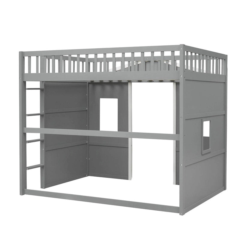 Cama alta tipo casa de madera maciza, tamaño completo, con escalera y espacio de juego debajo de la cama