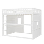Cama alta tipo casa de madera maciza, tamaño completo, con escalera y espacio de juego debajo de la cama