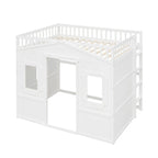 Cama alta tipo casa de madera maciza, tamaño completo, con escalera y espacio de juego debajo de la cama