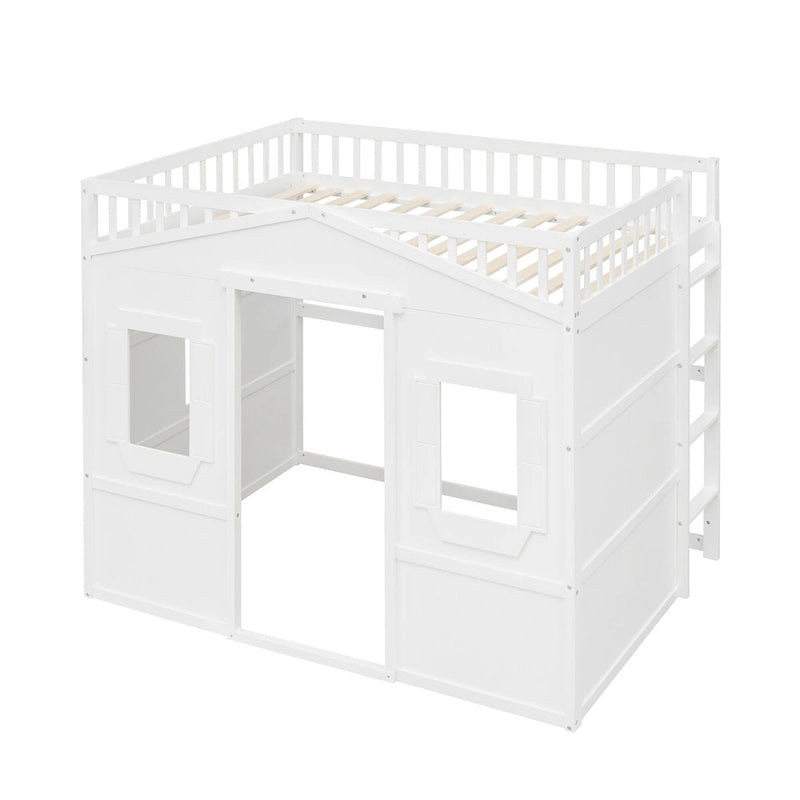Cama alta tipo casa de madera maciza, tamaño completo, con escalera y espacio de juego debajo de la cama