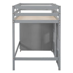 Wood Twin Size Loft Bed with Built-in Storage Wardrobe and 2 Windows