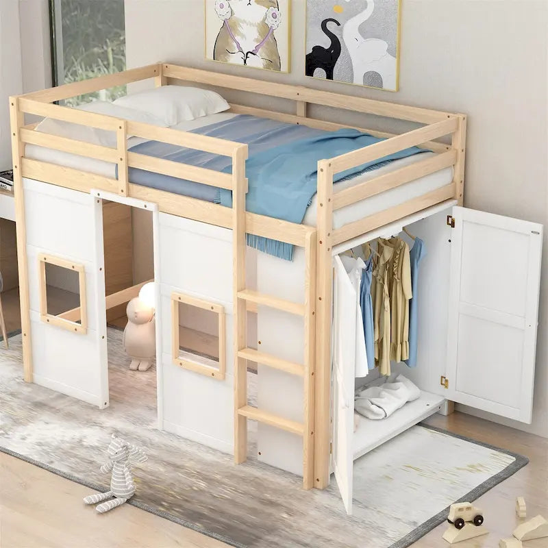 Cama alta doble de madera con armario de almacenamiento integrado y 2 ventanas