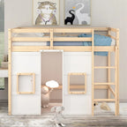 Cama alta doble de madera con armario de almacenamiento integrado y 2 ventanas