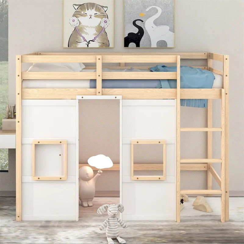 Cama alta doble de madera con armario de almacenamiento integrado y 2 ventanas