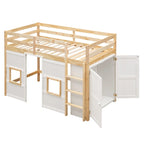 Cama alta doble de madera con armario de almacenamiento integrado y 2 ventanas