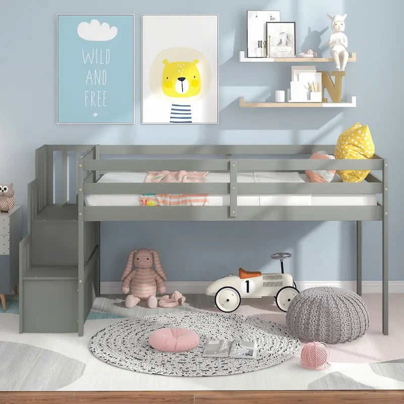 Cama alta de madera maciza individual con escalera y escalones de almacenamiento