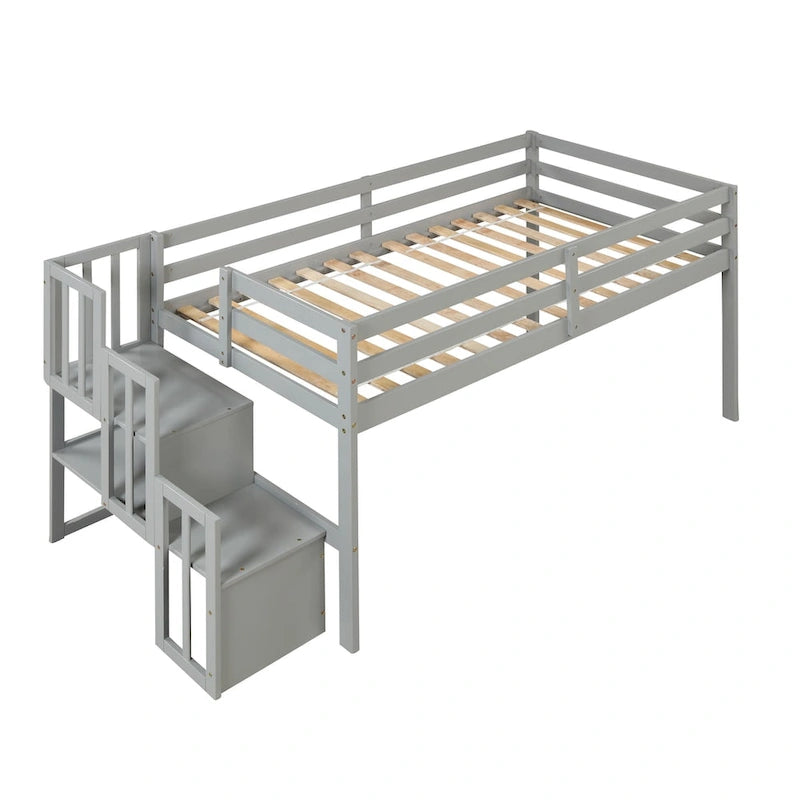 Cama alta de madera maciza individual con escalera y escalones de almacenamiento