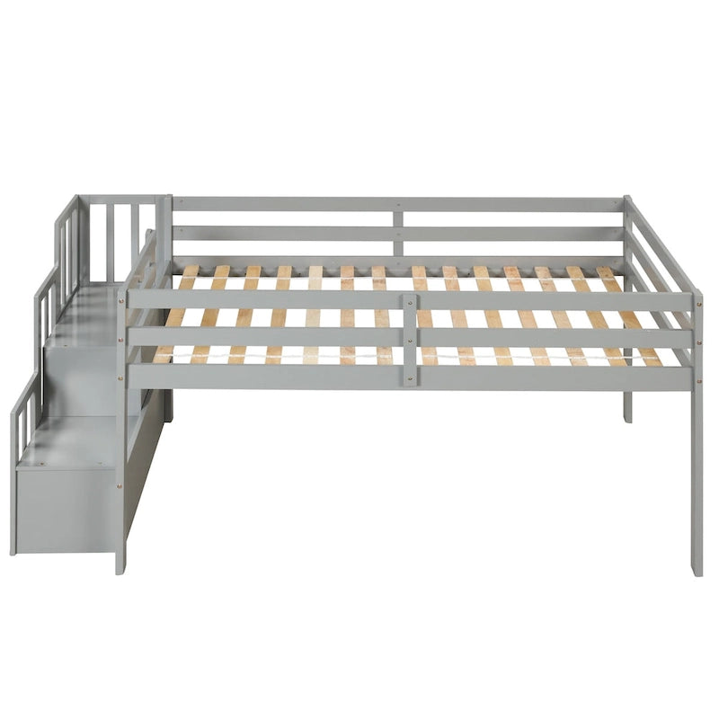 Cama alta de madera maciza individual con escalera y escalones de almacenamiento