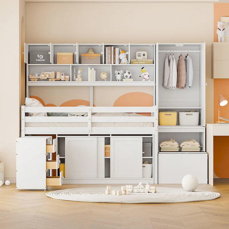 Cama alta de madera con gran almacenamiento con escritorio debajo de la cama, cajones y estantes