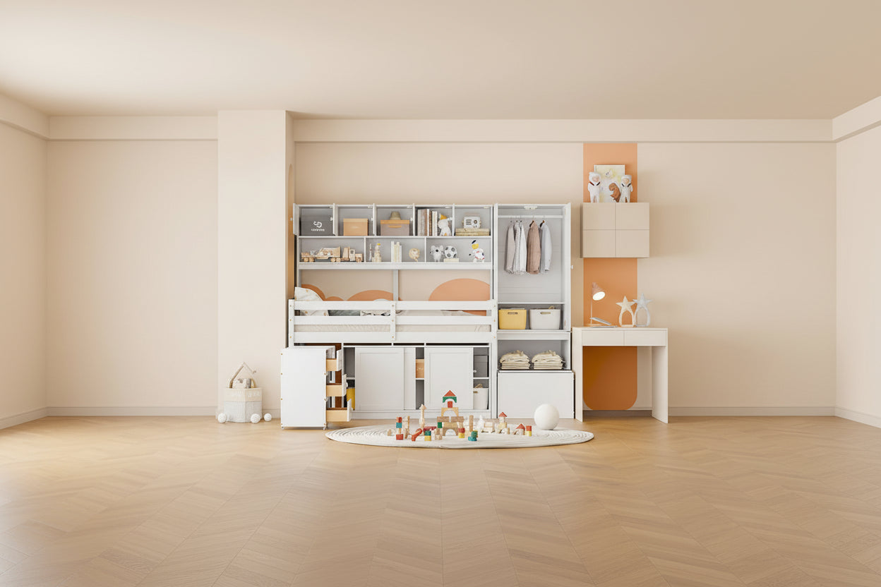 Cama alta de madera con gran almacenamiento con escritorio debajo de la cama, cajones y estantes
