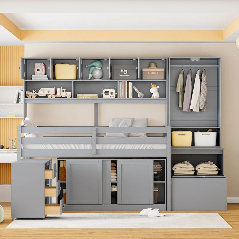 Cama alta de madera con gran almacenamiento con escritorio debajo de la cama, cajones y estantes