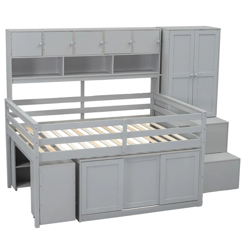 Cama alta de madera con gran almacenamiento con escritorio debajo de la cama, cajones y estantes