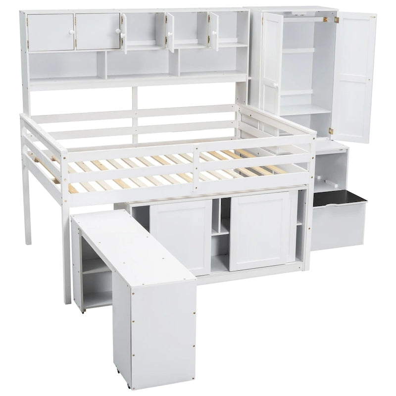 Cama alta de madera con gran almacenamiento con escritorio debajo de la cama, cajones y estantes