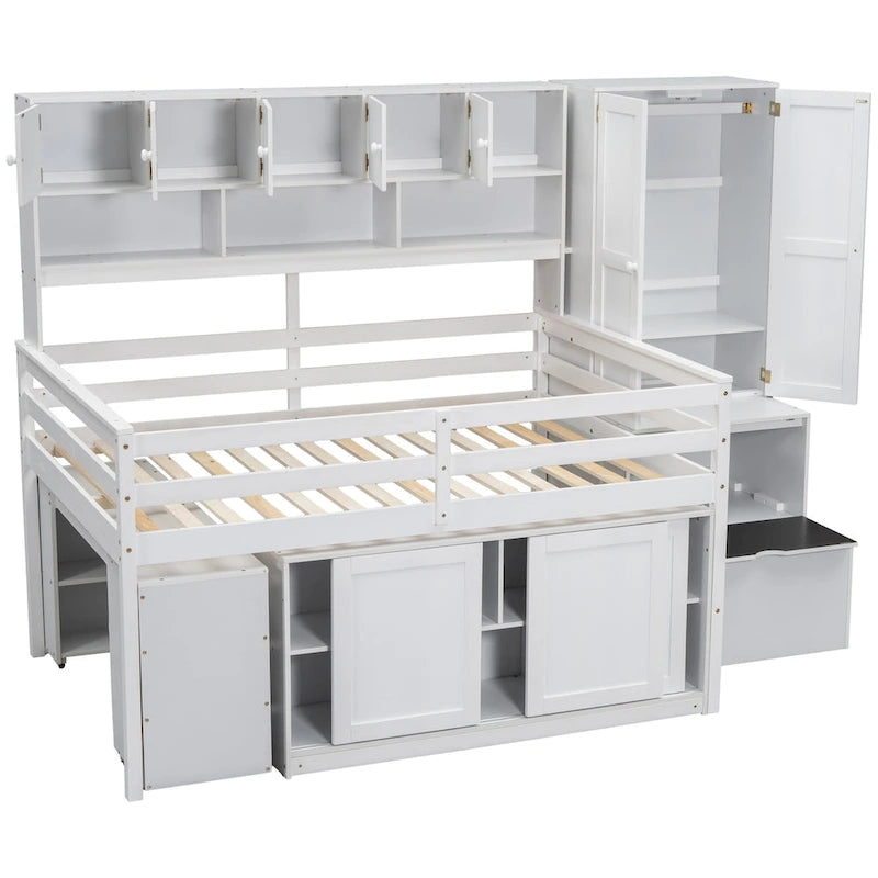 Cama alta de madera con gran almacenamiento con escritorio debajo de la cama, cajones y estantes