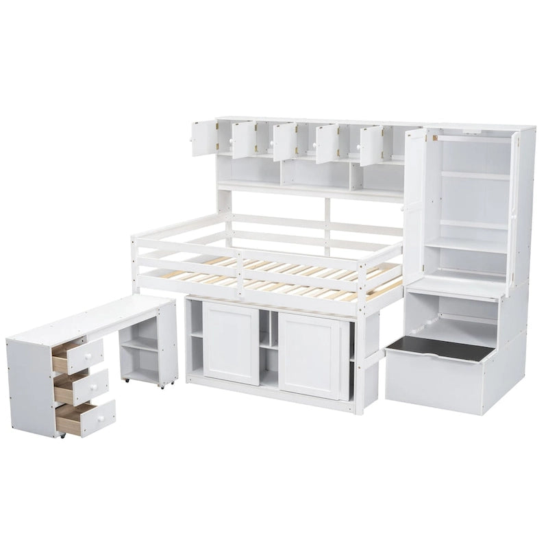 Cama alta de madera con gran almacenamiento con escritorio debajo de la cama, cajones y estantes