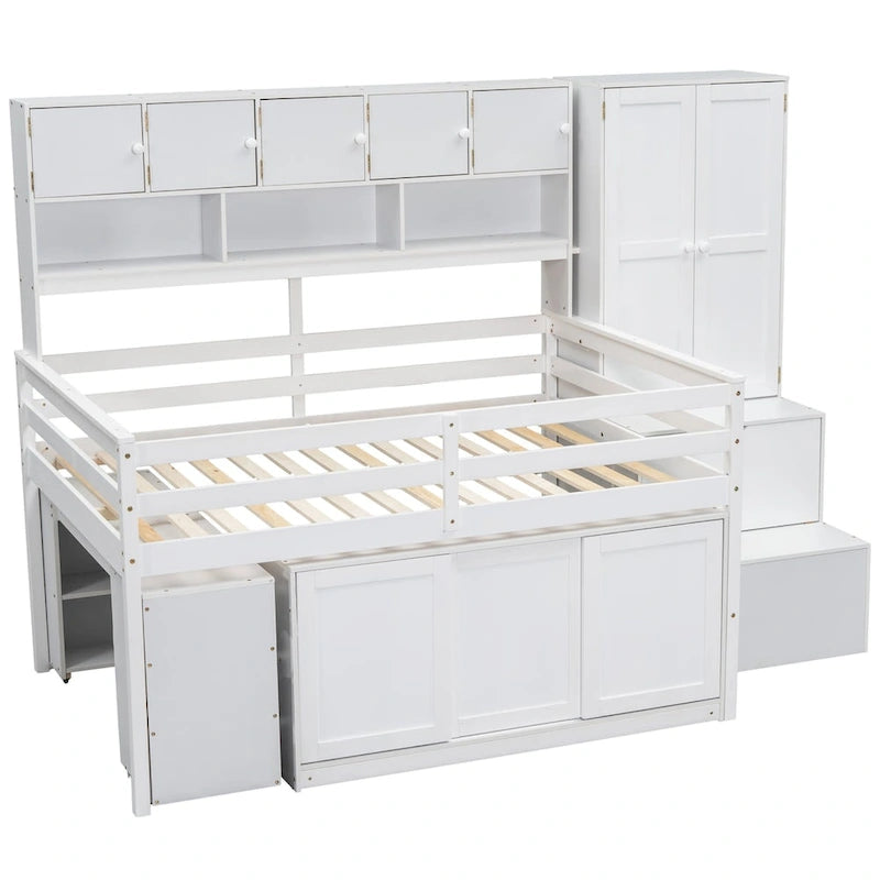 Cama alta de madera con gran almacenamiento con escritorio debajo de la cama, cajones y estantes