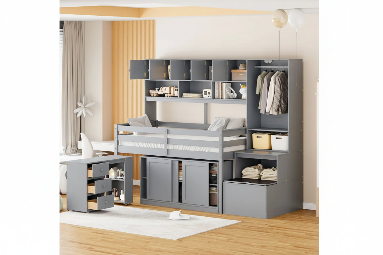 Cama alta de madera con gran almacenamiento con escritorio debajo de la cama, cajones y estantes