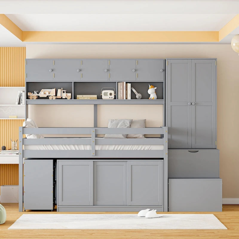 Cama alta de madera con gran almacenamiento con escritorio debajo de la cama, cajones y estantes
