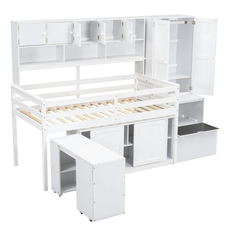 Cama alta de madera con gran almacenamiento con escritorio debajo de la cama, cajones y estantes