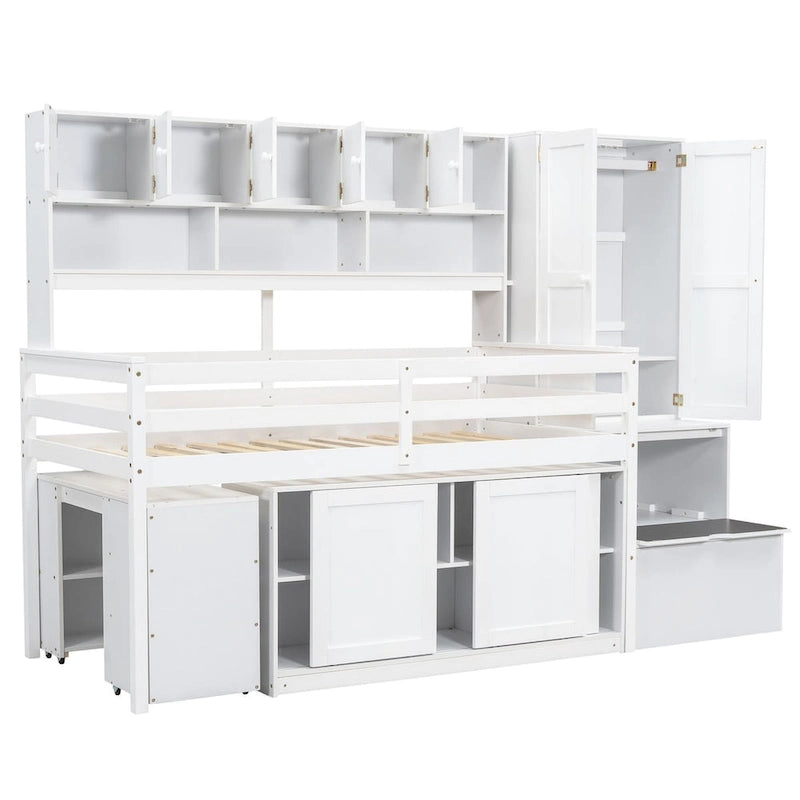 Cama alta de madera con gran almacenamiento con escritorio debajo de la cama, cajones y estantes
