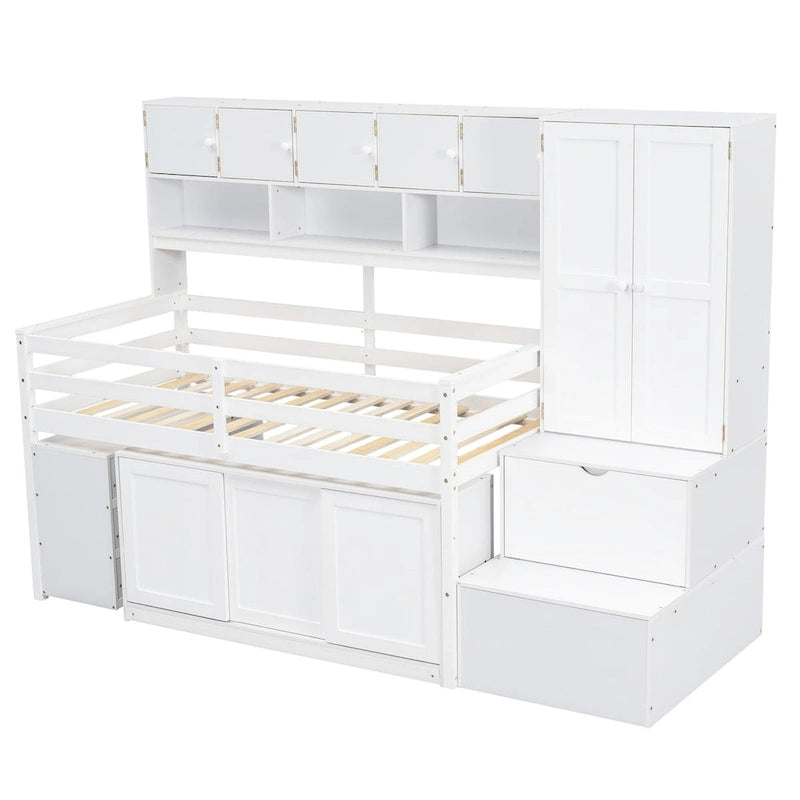 Cama alta de madera con gran almacenamiento con escritorio debajo de la cama, cajones y estantes
