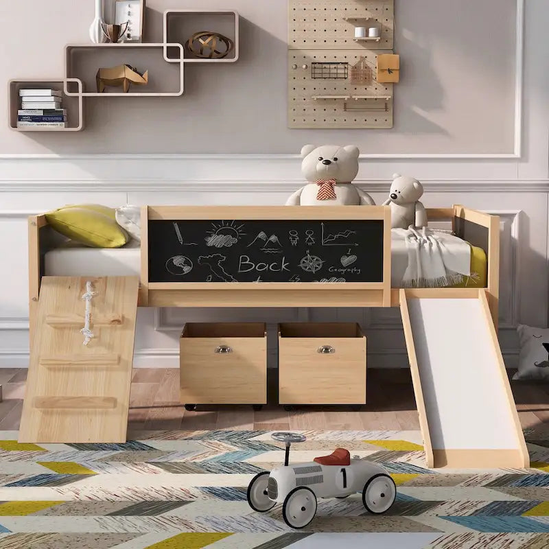 Cama Alta Individual con Tres Pizarras, Dos Cajas de Almacenamiento y Tobogán, Perfecta para Jugar en la Habitación de los Niños