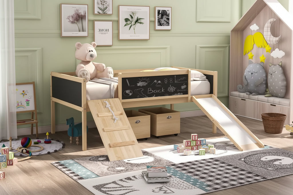 Cama Alta Individual con Tres Pizarras, Dos Cajas de Almacenamiento y Tobogán, Perfecta para Jugar en la Habitación de los Niños