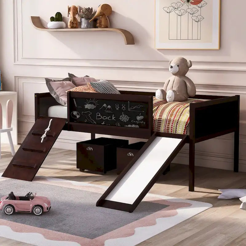 Cama Alta Individual con Tres Pizarras, Dos Cajas de Almacenamiento y Tobogán, Perfecta para Jugar en la Habitación de los Niños