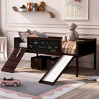 Cama Alta Individual con Tres Pizarras, Dos Cajas de Almacenamiento y Tobogán, Perfecta para Jugar en la Habitación de los Niños