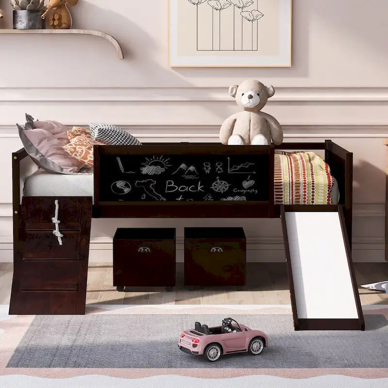 Cama Alta Individual con Tres Pizarras, Dos Cajas de Almacenamiento y Tobogán, Perfecta para Jugar en la Habitación de los Niños