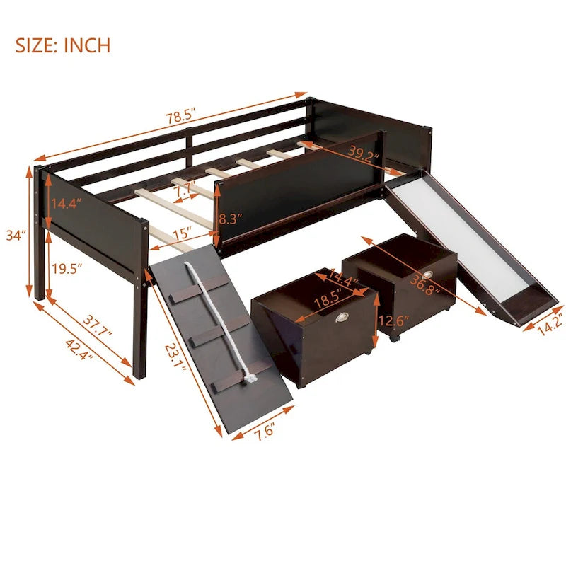 Cama Alta Individual con Tres Pizarras, Dos Cajas de Almacenamiento y Tobogán, Perfecta para Jugar en la Habitación de los Niños