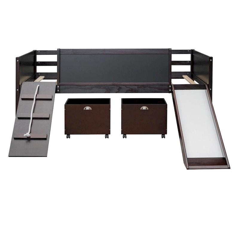 Cama Alta Individual con Tres Pizarras, Dos Cajas de Almacenamiento y Tobogán, Perfecta para Jugar en la Habitación de los Niños