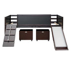 Cama Alta Individual con Tres Pizarras, Dos Cajas de Almacenamiento y Tobogán, Perfecta para Jugar en la Habitación de los Niños