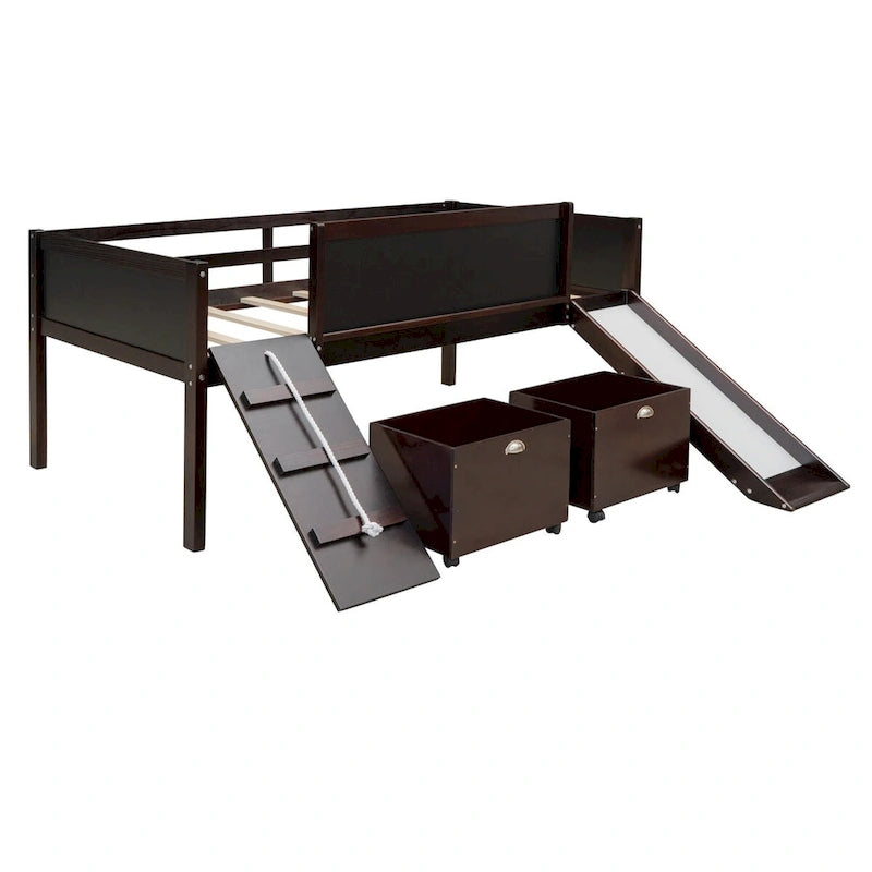 Cama Alta Individual con Tres Pizarras, Dos Cajas de Almacenamiento y Tobogán, Perfecta para Jugar en la Habitación de los Niños