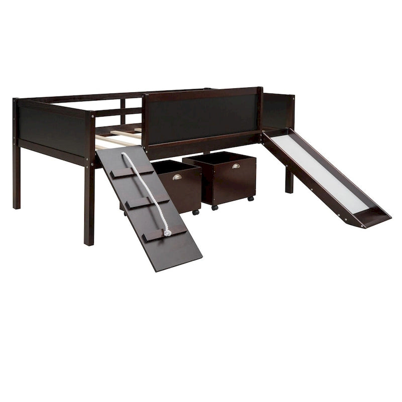 Cama Alta Individual con Tres Pizarras, Dos Cajas de Almacenamiento y Tobogán, Perfecta para Jugar en la Habitación de los Niños