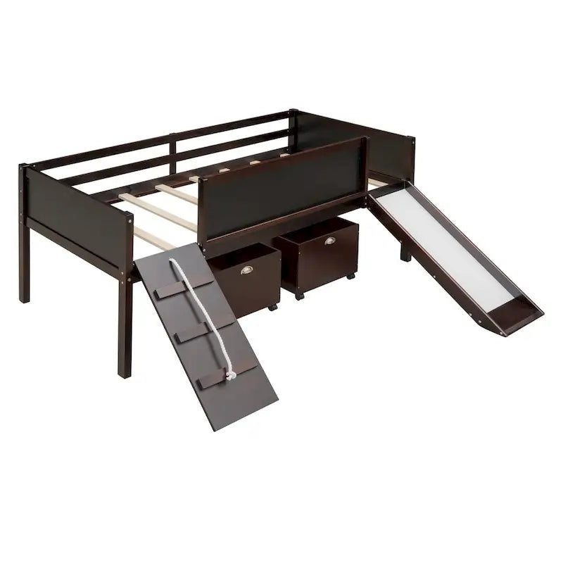 Cama Alta Individual con Tres Pizarras, Dos Cajas de Almacenamiento y Tobogán, Perfecta para Jugar en la Habitación de los Niños