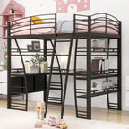 Cama alta de metal negro con 4 capas de estantes, escritorio en forma de L, enchufes, puertos USB, carga inalámbrica